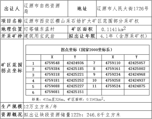 辽源市政府公共资源交易中心采矿权挂牌出让公告